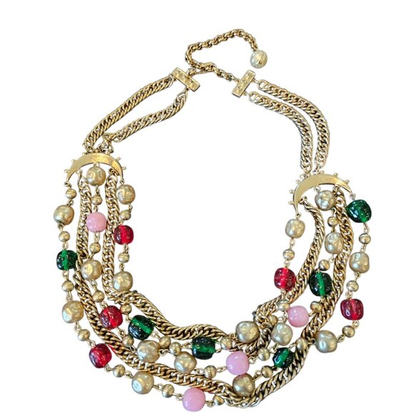 VTG 60s Multi-strand Bib Necklace Goldtone Glass Beads Red Pink Green MCM 17-20"